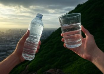 Une main gauche tient une bouteille d'eau en plastique, la main droite tient un verre d'eau filtrée.